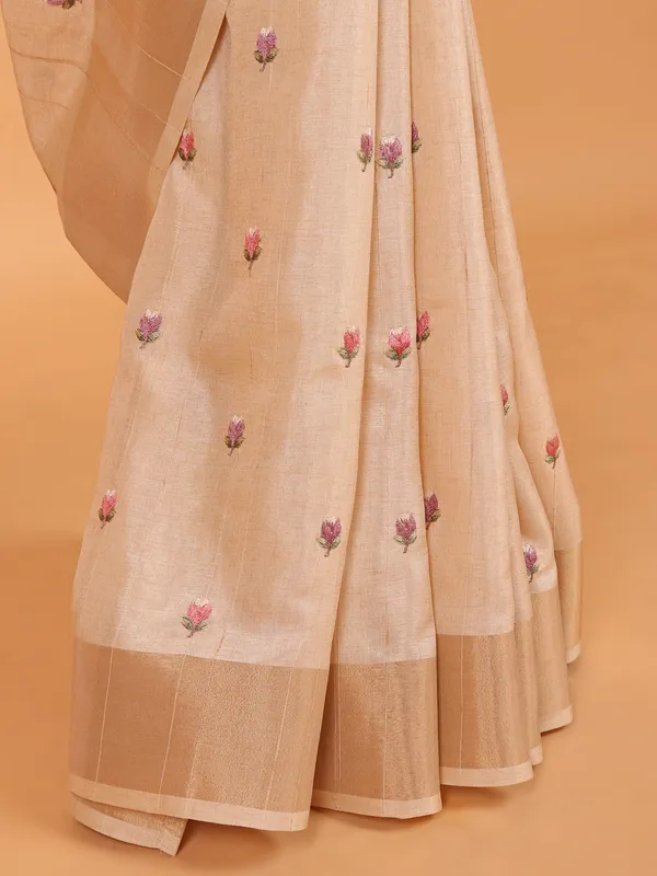 Cream semi cotton silk saree in embroidery weaving