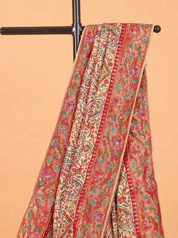 Cream semi pashmina printed saree for wedding