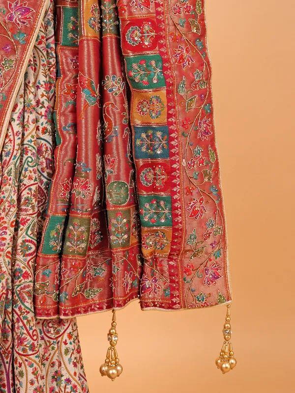 Cream semi pashmina printed saree for wedding