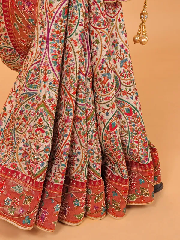 Cream semi pashmina printed saree for wedding