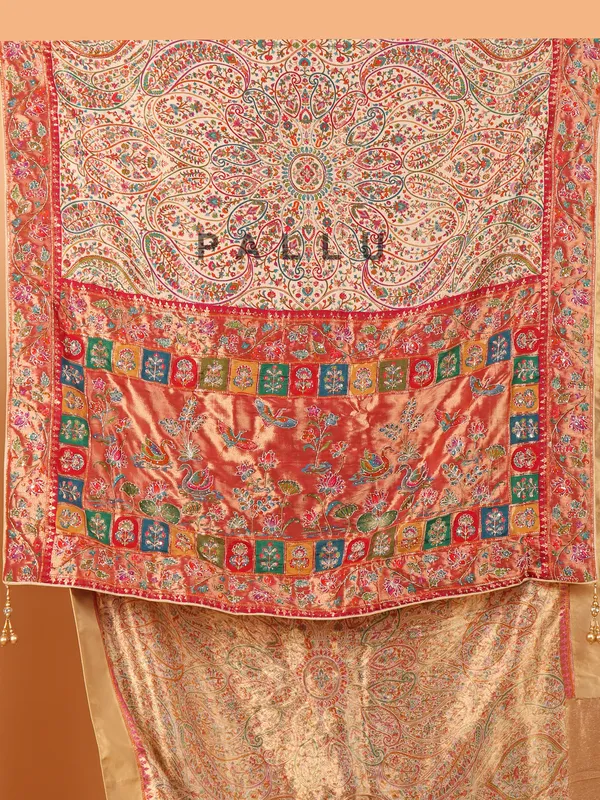 Cream semi pashmina printed saree for wedding