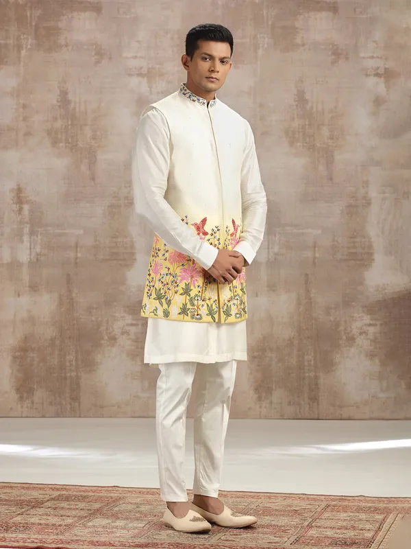 Cream shaded silk waistcoat set with embroidery