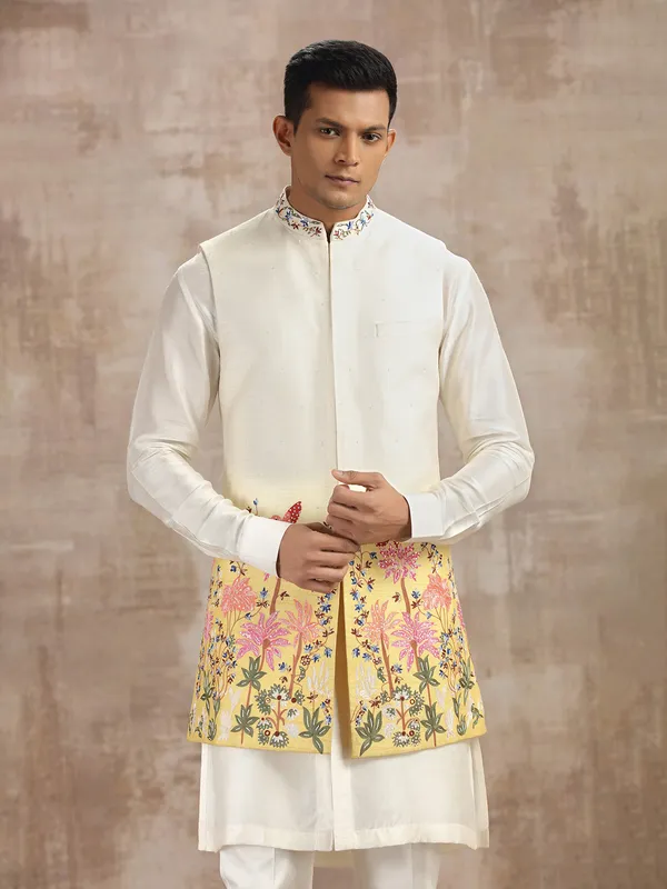 Cream shaded silk waistcoat set with embroidery