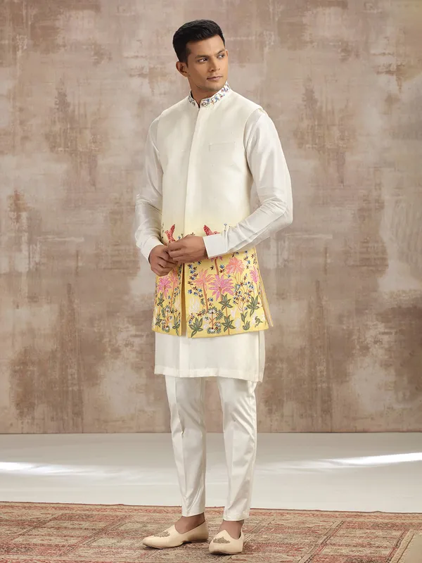 Cream shaded silk waistcoat set with embroidery