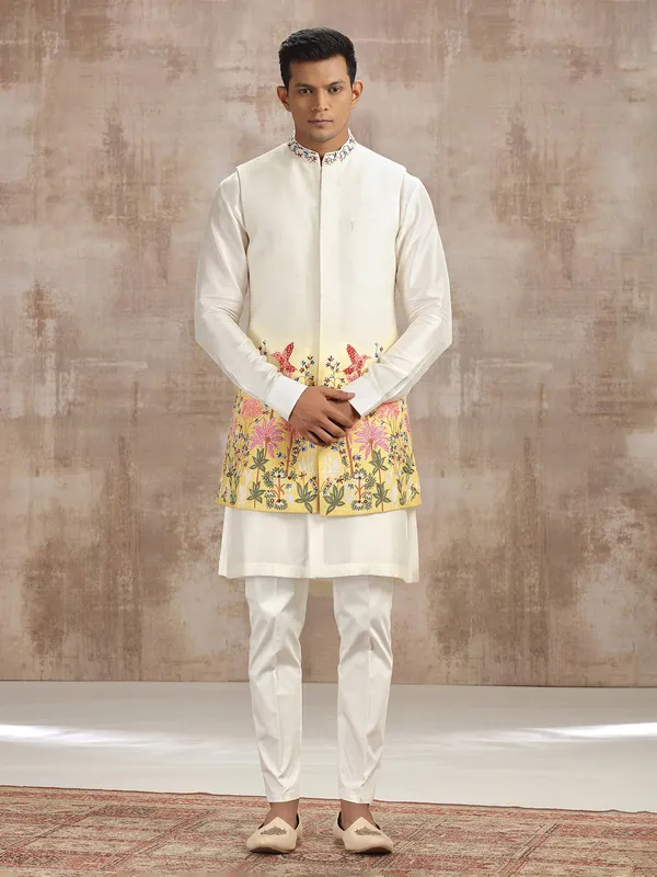 Cream shaded silk waistcoat set with embroidery