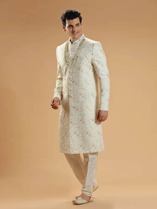 Cream sherwani in silk with embroidery