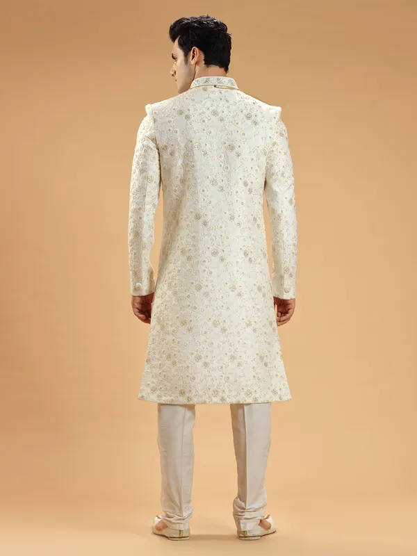 Cream sherwani in silk with embroidery