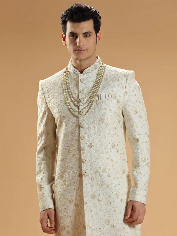 Cream sherwani in silk with embroidery