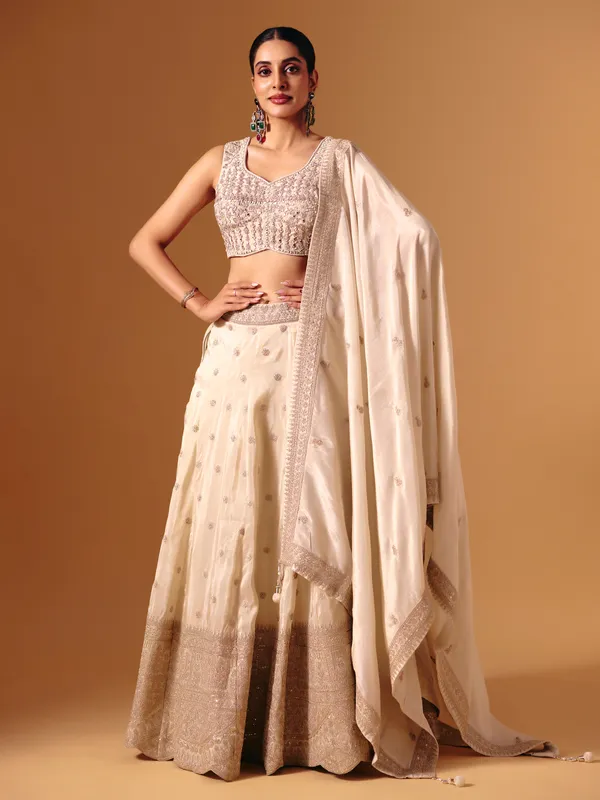 Cream silk aabla work festive lehenga choli