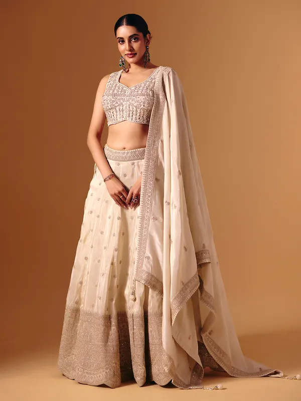 Cream silk aabla work festive lehenga choli