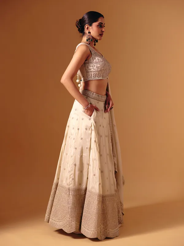Cream silk aabla work festive lehenga choli