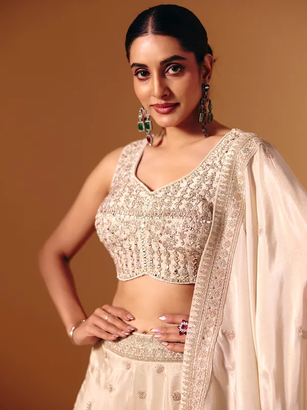 Cream silk aabla work festive lehenga choli
