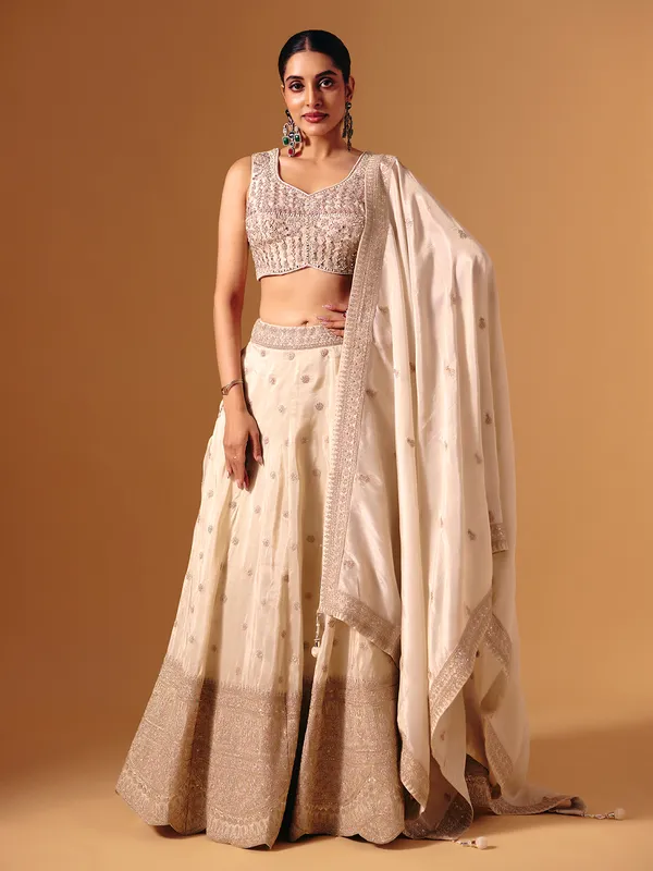 Cream silk aabla work festive lehenga choli