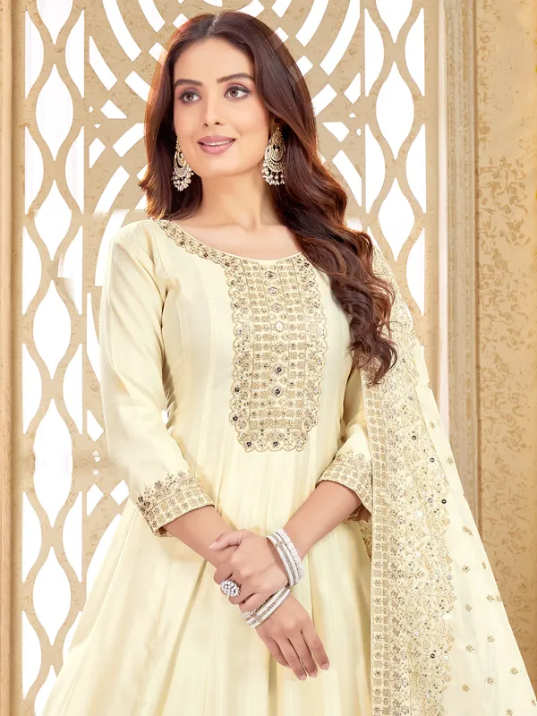 Cream silk anarkali suit with dupatta for women