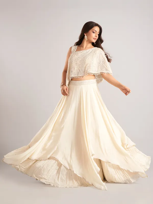 Cream silk designer lehenga choli with mirror work