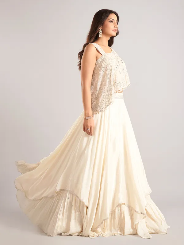 Cream silk designer lehenga choli with mirror work