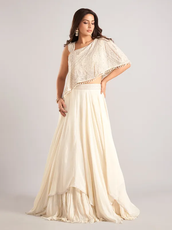 Cream silk designer lehenga choli with mirror work