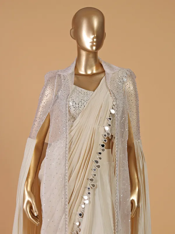 Cream silk designer ready to wear saree
