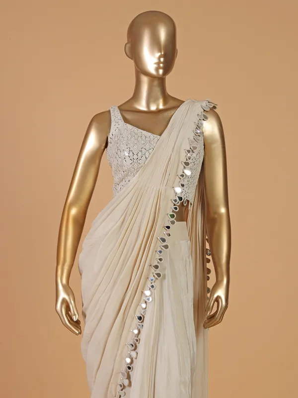 Cream silk designer ready to wear saree
