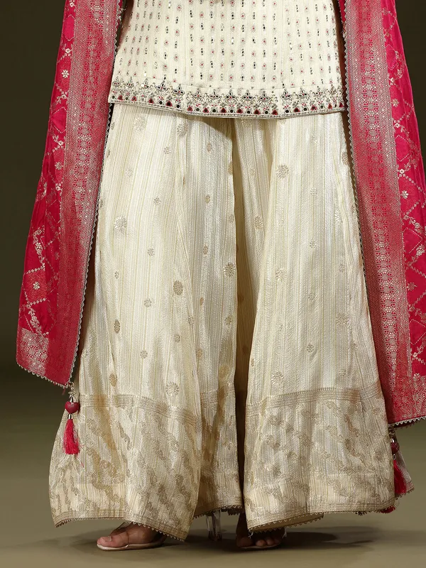 Cream silk embellished palazzo salwar suit