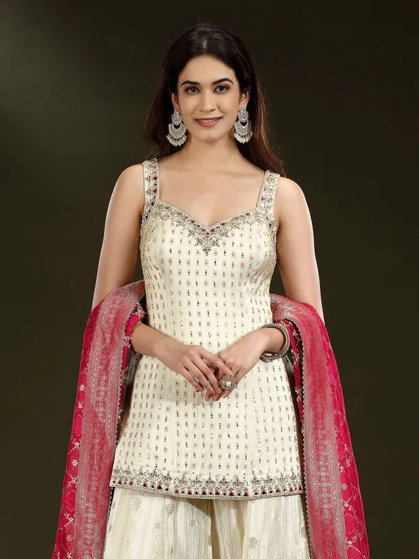 Cream silk embellished palazzo salwar suit
