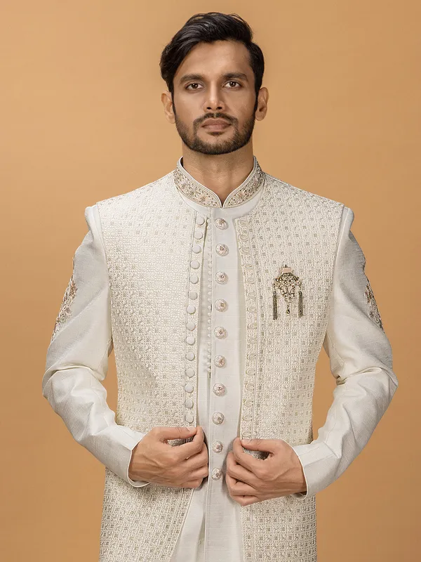 Cream silk embroidered indowestern