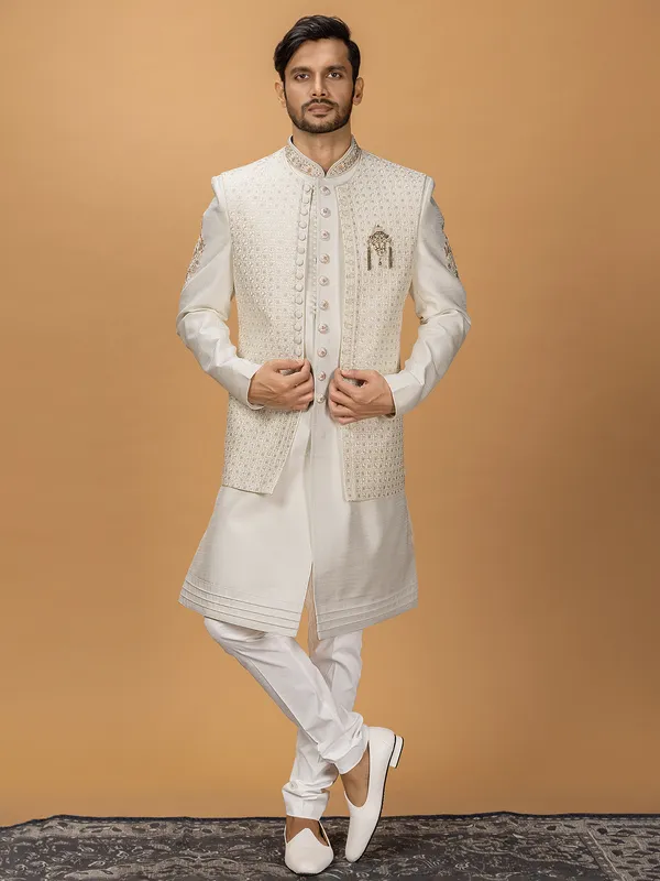 Cream silk embroidered indowestern