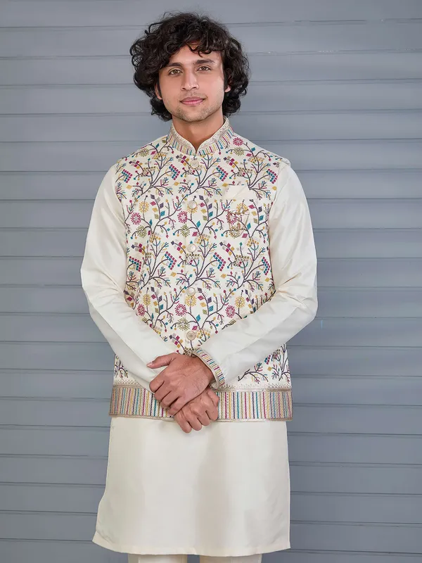 Cream silk embroidered work waistcoat set