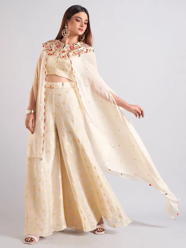 Cream silk embroidery palazzo salwar suit
