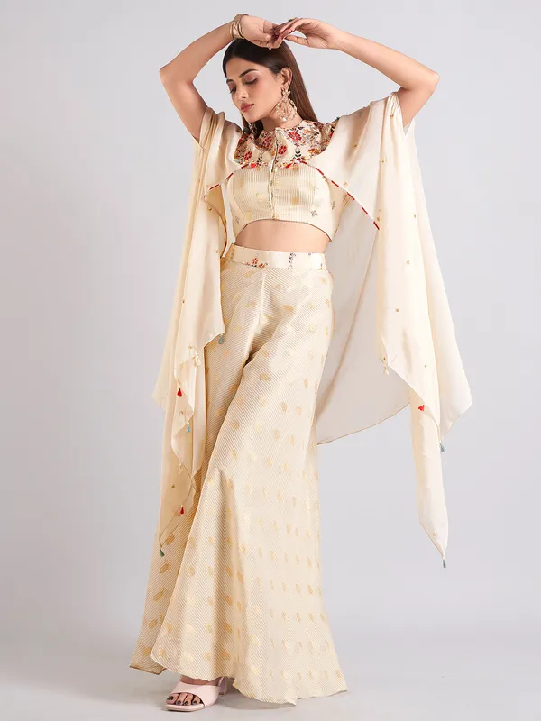 Cream silk embroidery palazzo salwar suit