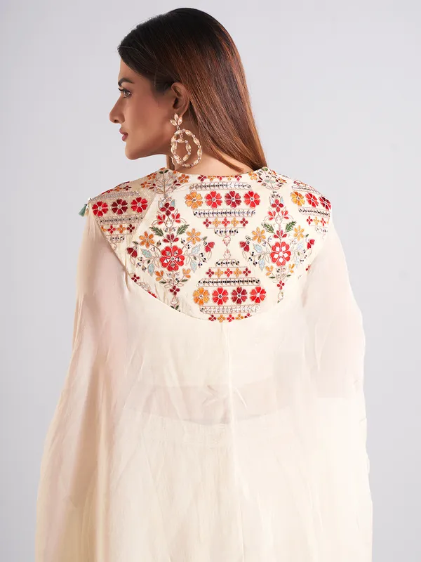 Cream silk embroidery palazzo salwar suit
