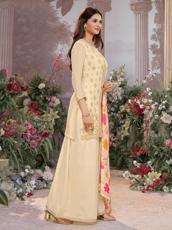 Cream silk festive wear palazzo suit with printed dupatta