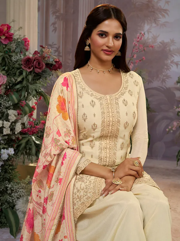 Cream silk festive wear palazzo suit with printed dupatta