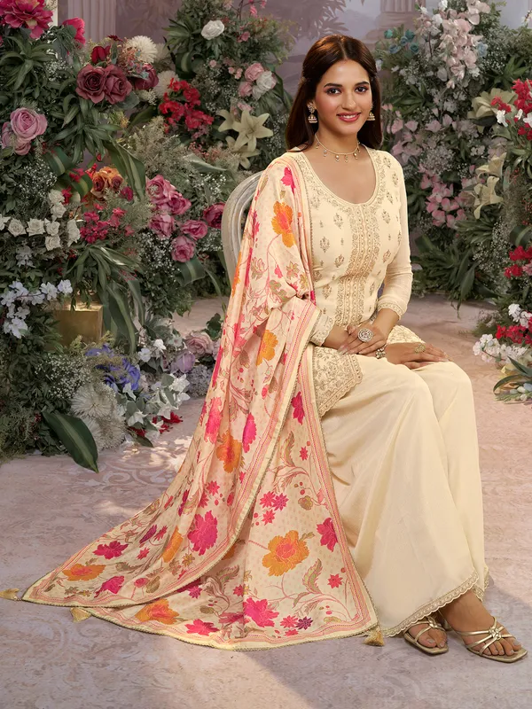 Cream silk festive wear palazzo suit with printed dupatta