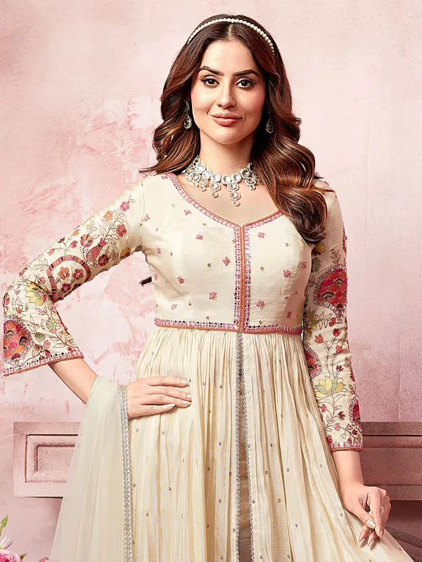 Cream silk festive wear salwar suit for women