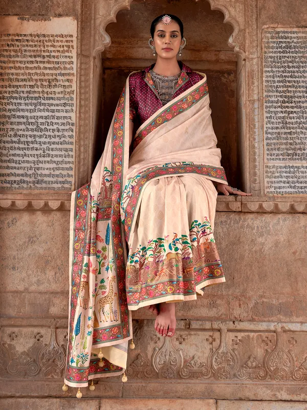 Cream silk festive wear saree with print
