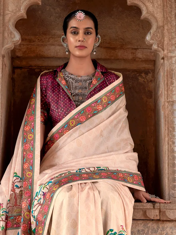 Cream silk festive wear saree with print
