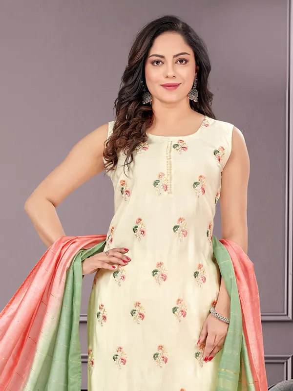Cream silk floral embroidery salwar suit