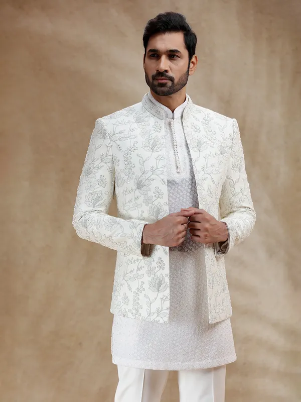 Cream silk indowestern set for men