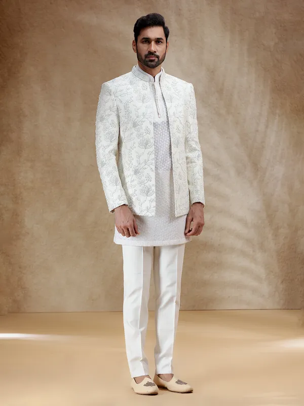 Cream silk indowestern set for men