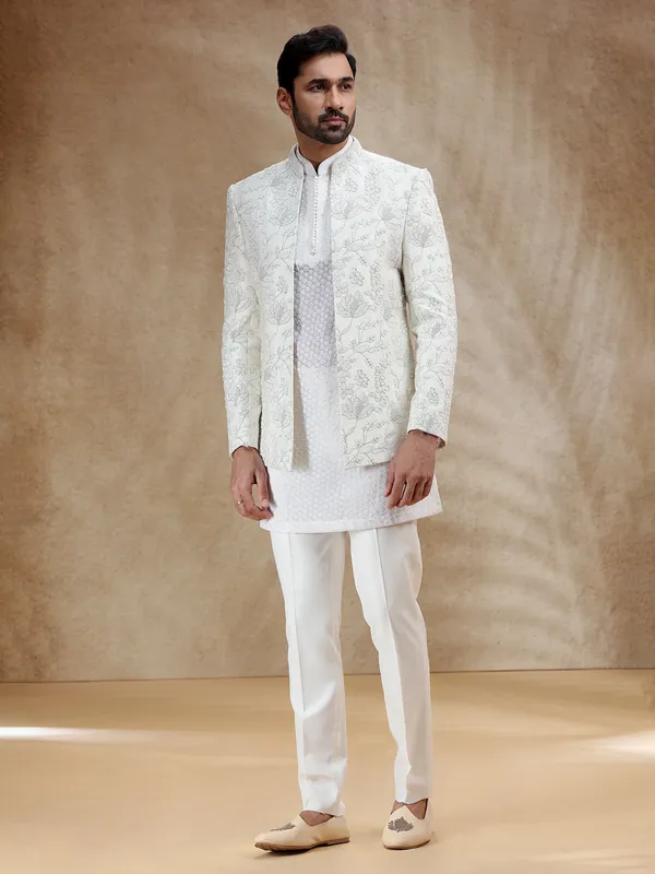 Cream silk indowestern set for men