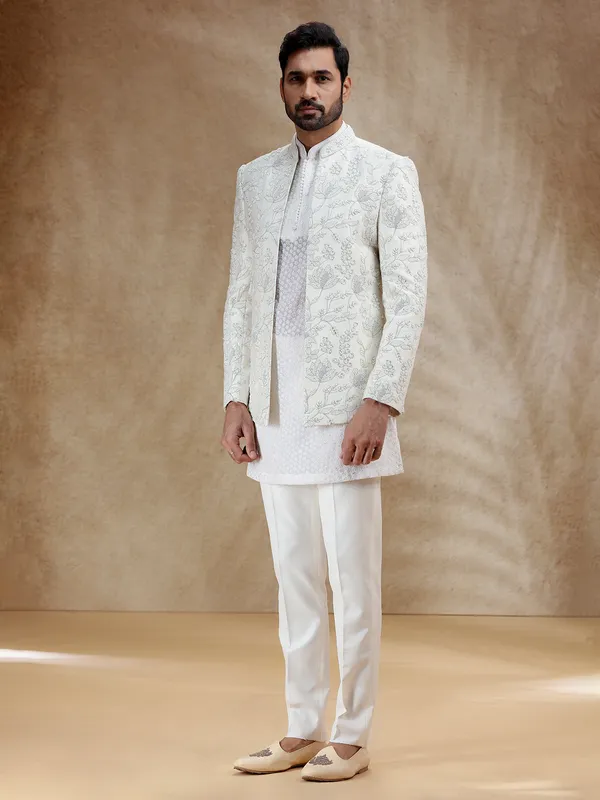 Cream silk indowestern set for men
