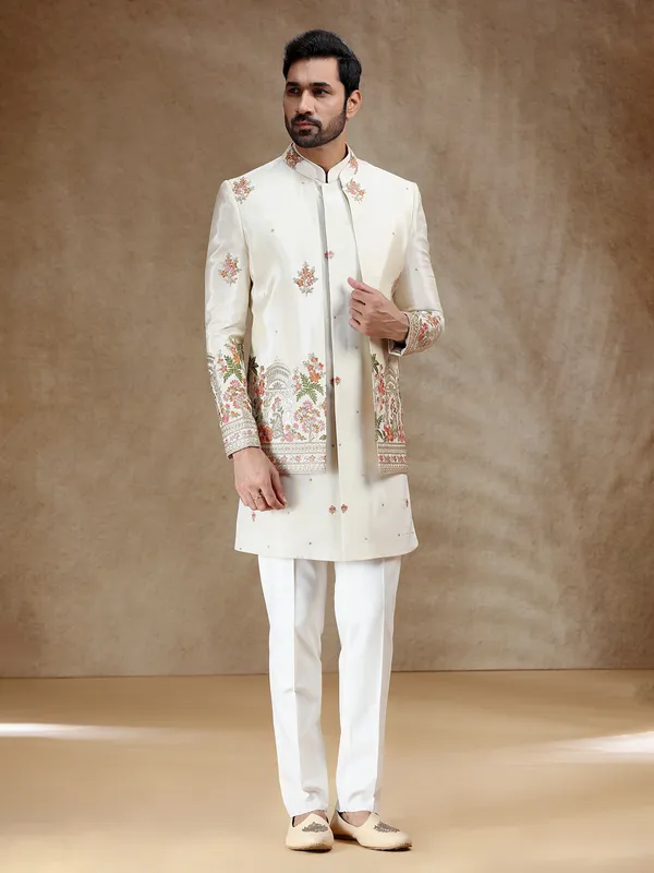 Cream silk indowestern set for wedding