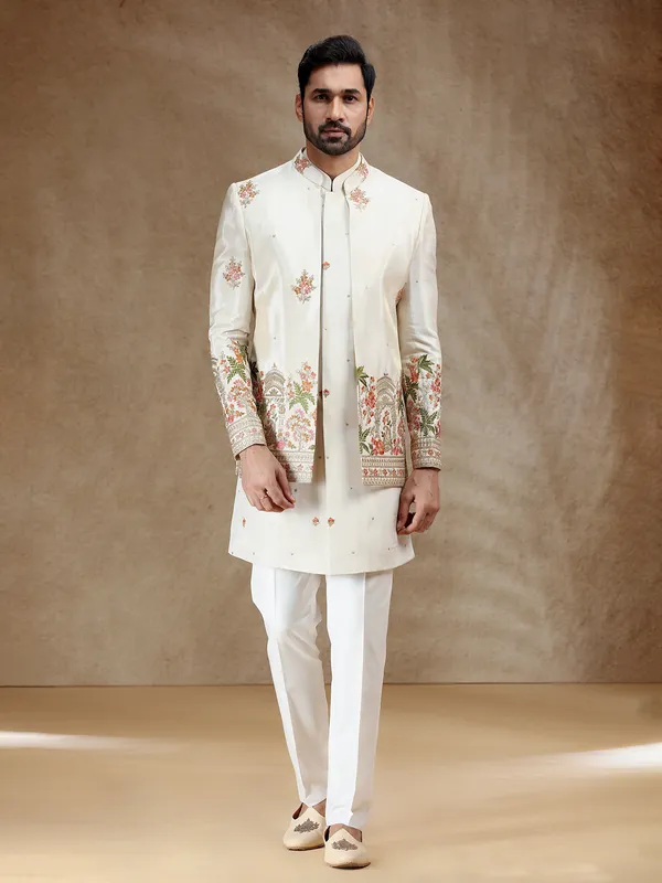 Cream silk indowestern set for wedding