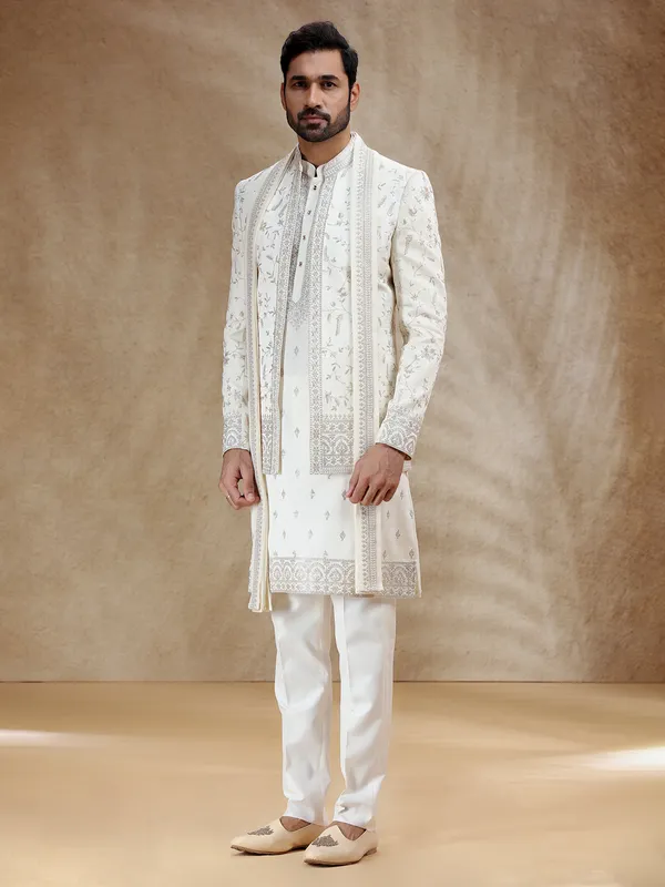 Cream silk indowestern set with dupatta