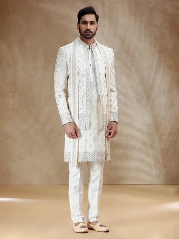 Cream silk indowestern set with dupatta
