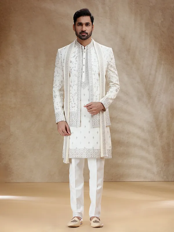Cream silk indowestern set with dupatta