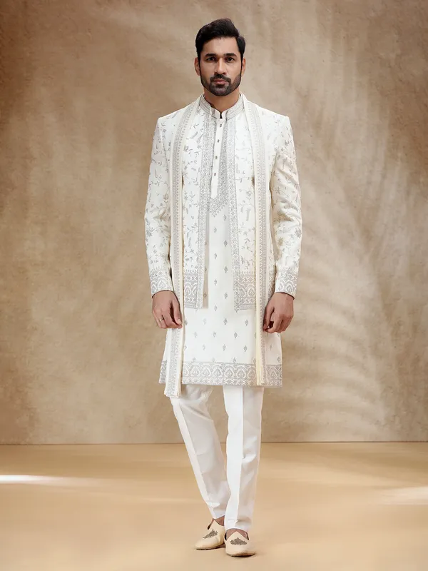 Cream silk indowestern set with dupatta