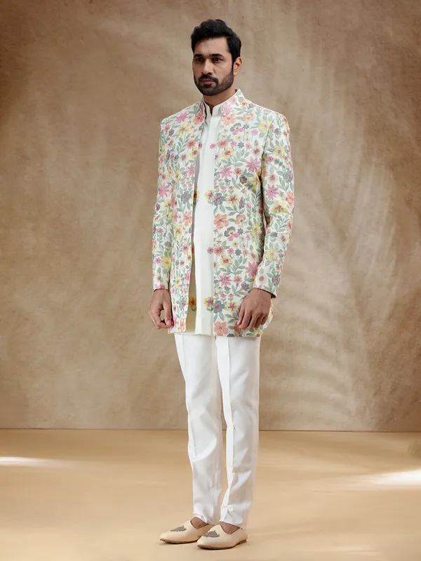 Cream silk indowestern set with embroidered coat