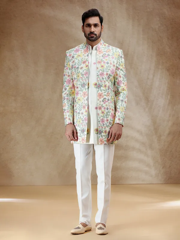 Cream silk indowestern set with embroidered coat